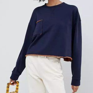 Raw Edge Cropped Crewneck Pocket Sweatshirt